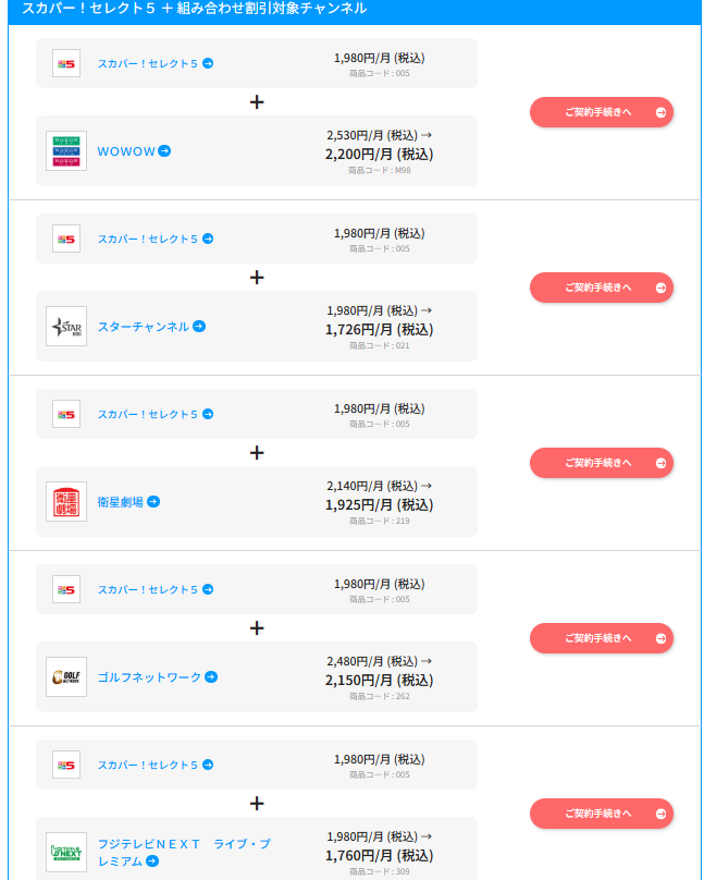 スカパーの組み合わせ割引3