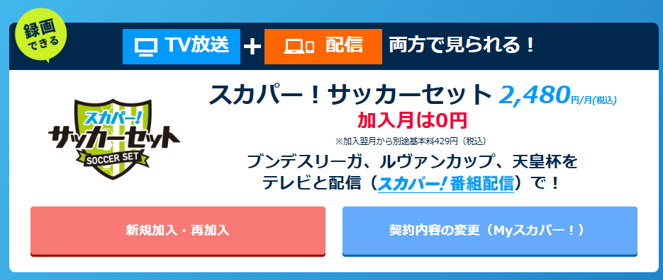 スカパーサッカーセット・ブンデスリーガを見る場合の月額料金